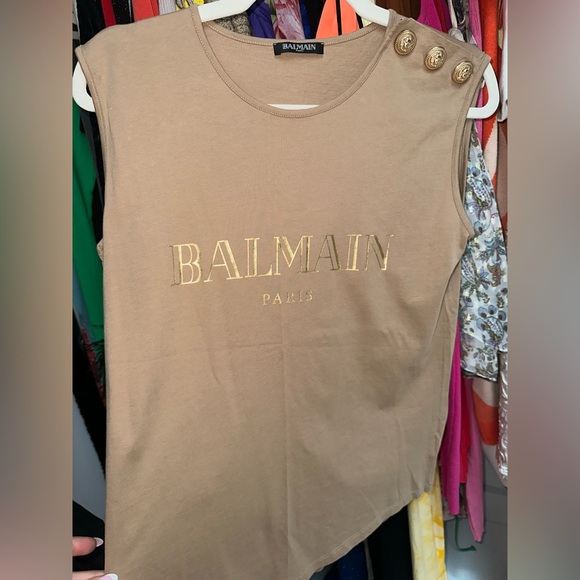 Balmain Beige Logo Printed Gold Button Embellished Sleeveless T-Shirt - 36 - Picture 5 of 9